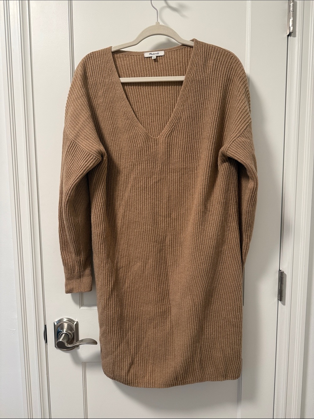 Madewell Camel Ribbed V-Neck Sweater Dress